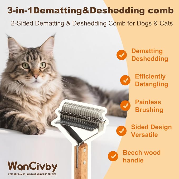 Undercoat Rake Pet Brush with Square Handle, Premium Dematting Comb & Cat Dog Shedding Tool, Efficient Grooming Brush for Detangling Mats & Loose Fur, Ideal for Large Medium Small Dogs and Cats