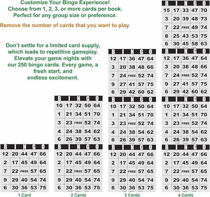250 Bingo Cards, Large 4.5 x 4.5 Inch, White, Paper Bingo Sheets | 8 Color Options, Premium Cardstock, Disposable with Daubers or Reusable with Chips — Proudly Made in USA