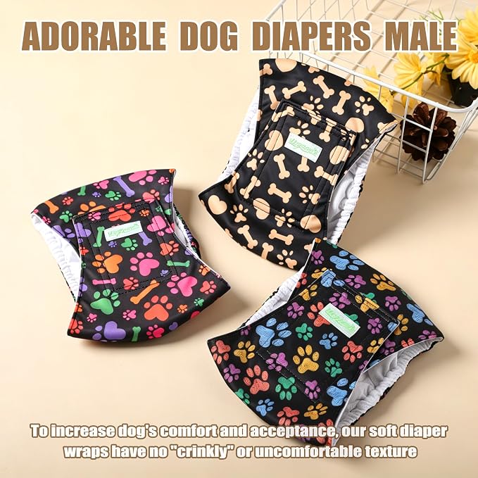 Wegreeco Washable Dog Diaper Male (Pack of 3) - Washable Male Dog Belly Wrap (Colorful Footprints, Small)
