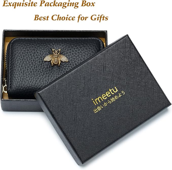 imeetu RFID Credit Card Holder, Small Card Wallet Women, Leather Card Case | Genuine Leather Women's Card & id Cases, Change Coin Purse with Zipper Keychain id Window, 20 Colors & 3 Styles, Daily, Gifts