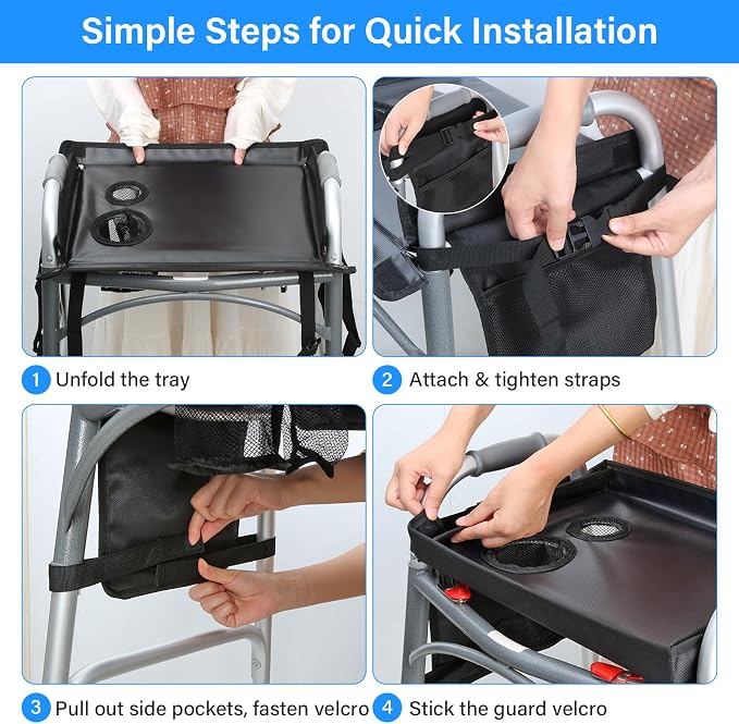 Detachable Walker Tray with Cup Holder & Side Pockets, Non-Slip Universal Table Accessory for Folding Rolling Walkers Seniors