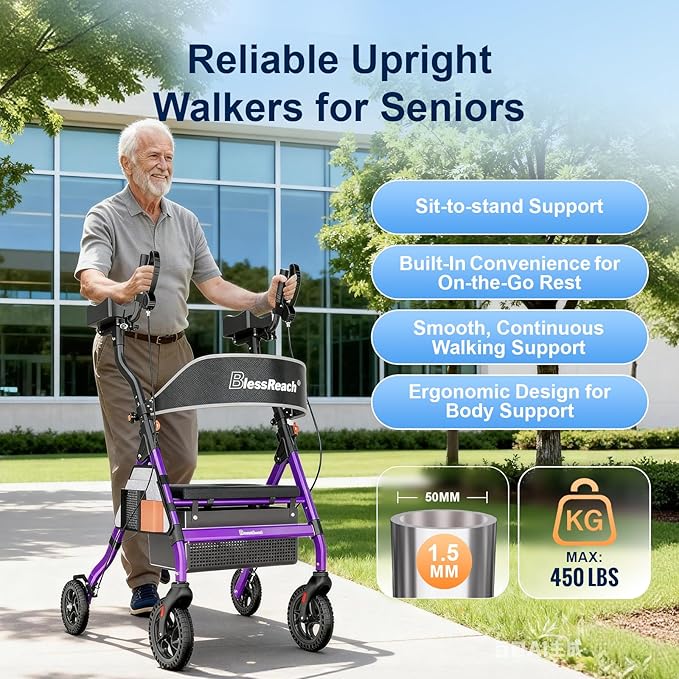 Heavy Duty Upright Rollator Walker for Seniors, 450lb Capacity, 6 Height Adjustments, 8" All-Terrain Wheels, Padded Seat & Backrest, Easy Assembly, Foldable Design (Purple)