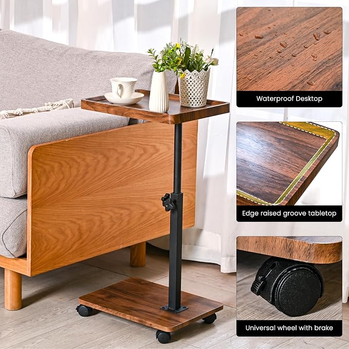 C Table End Table Adjustable Height,C Shaped End for Couch，Snack Tables,360°Swivel TV Tray Sofa Table,Tables that Slide Under,Coffee SideTable for Bed,Chair,Bath-tub,Outdoor(Walnut Color)