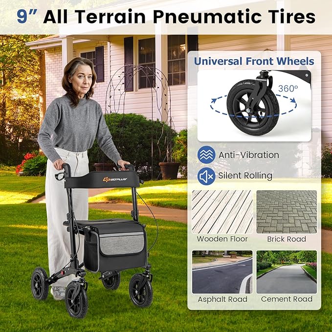 Goplus Walkers for Seniors with Seat, 2 in 1 Folding Rolling Rollator Walker with 9" Pneumatic Tires for All Terrain, Height Adjustment, Ergonomic Backrest, Aluminum Adult Mobility Walking Aid