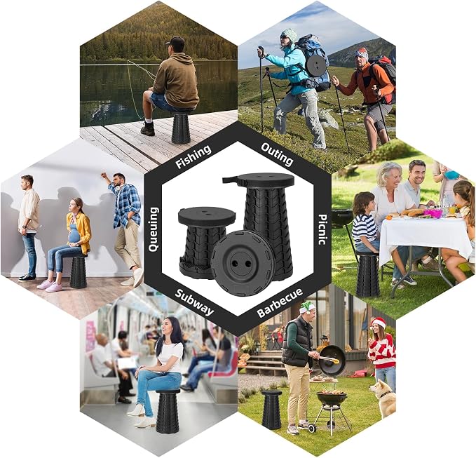 Qiguet Collapsible Stool, Folding Chair - Upgraded Portable Chair with Load Capacity 400lbs, Portable Stool for Camping Fishing Hiking - Folding Tool with Carrying Straps,Gifts for Fisherman (Black)