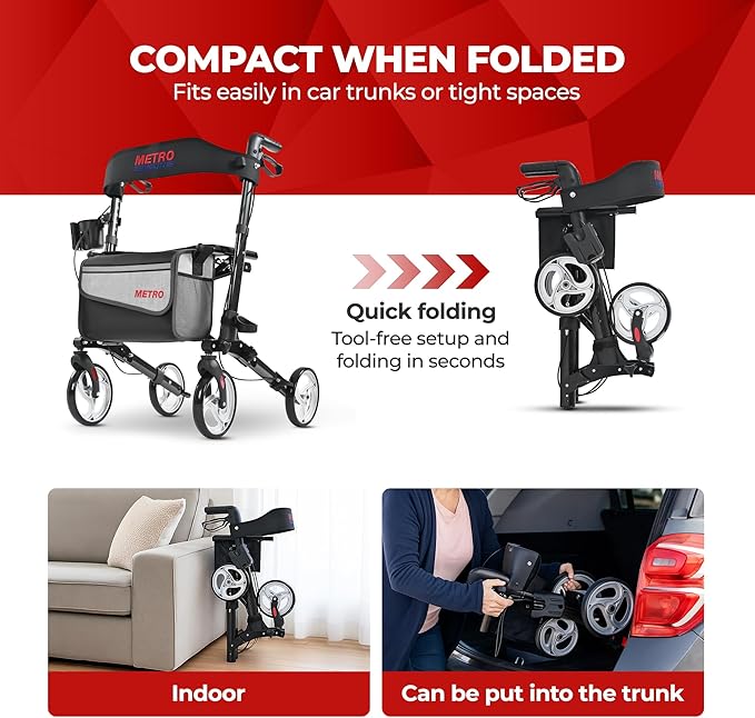 Metro Mobility Rollator Walker with Seat for Seniors, Foldable Lightweight Rolling Walker, 8" Big Wheels for All Terrain, 300 lb. Weight Capacity, Black