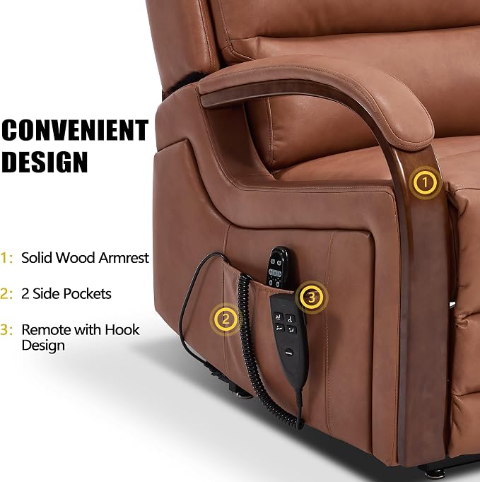 Power Lift Recliner Chair for Elderly People, Dual Motor Lift Chair with Vibration Massage and Heat, Lay Flat Recliner with Solid Wood Armrest, Standing Assistance Reclining, Faux Leather Yellow Brown