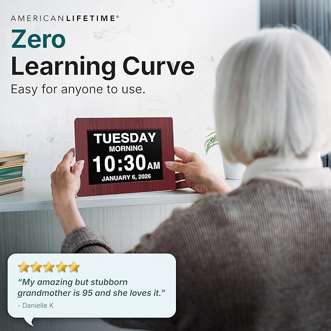 American Lifetime New 2026 Dementia Clock Large Digital Clock for Seniors, Alzeimer Clock Large Display with Custom Alarms, Clock with Day & Date for Elderly, Digital Calendar Mahogany, 15 Inch