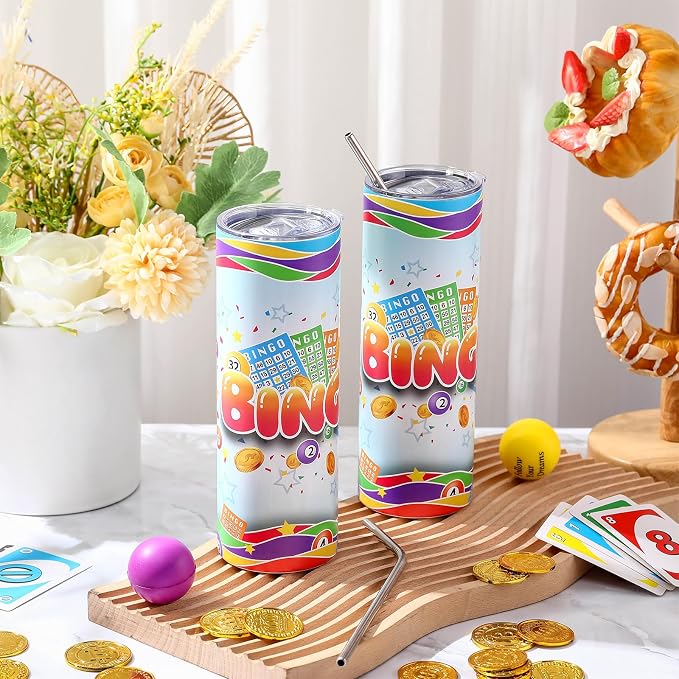 Geiserailie 2 Pack Bingo Tumbler Cups 20 oz Game Gifts Stainless Steel Tumbler with Lids Prizes for Seniors Mom Grandma Dad (Classic)