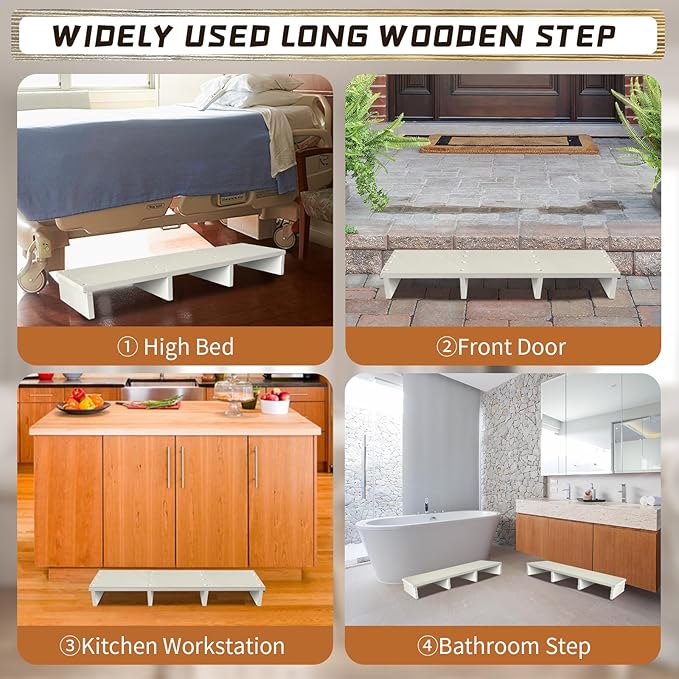 39IN Long Wooden Step Stool for Elderly, Half Wooden Riser Step Stool for High Bed, Bathroom, Kitchen and Living Room, 400LBs Loading(39.0" L*11.5" W*4.6" H, White)