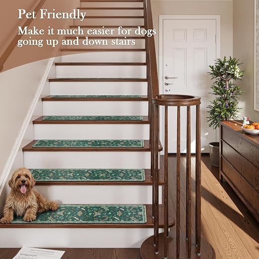 OJIA Insect Stair Treads Non Slip Stair Runner for Wooden Steps 4PCS 8"x30" | Rubber Carpet Stair Treads for Wood Stairs Indoor Staircase Step Treads for Kids & Dogs, Stair Covers, Dark Green