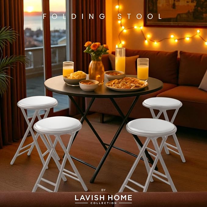 Lavish Home Folding Stool with Padded Backless Seat Set of 4, White, 24” | Counter Height Bar Stools with 225lb Capacity, Portable Indoor & Outdoor, Extra Seat for Kitchen, Rec Room or Camping