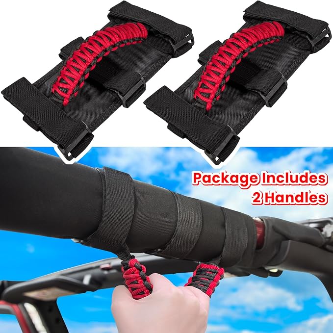 E-cowlboy Roll Bar Grab Handles Grip Handle for Jeep Wrangler JK JKU JL JLU TJ YJ Sports Sahara Freedom Rubicon Unlimited Gladiator JT 1955-2023 UTV ATV Accessories Premium 550 Paracord (Red 2 Pack)