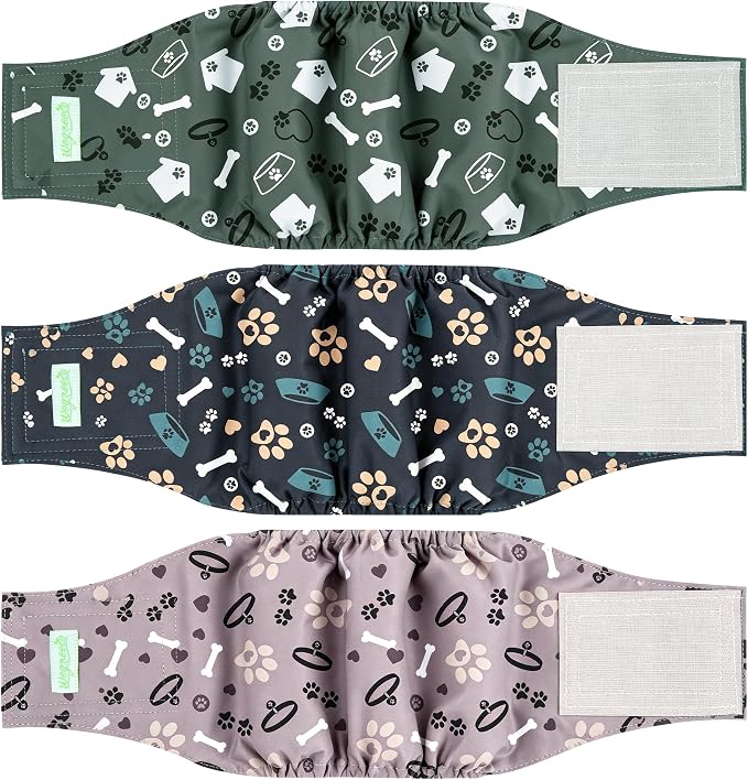 wegreeco Washable Male Dog Belly Band (Stylish Pattern) - Pack of 3 - Dog Diapers Male - Washable Male Dog Belly Wrap (Bones & Footprints, Medium)