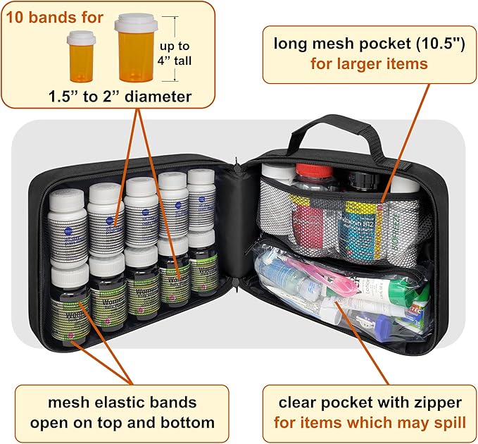 Large Medicine Organizer Bag - 10 Elastic Bands for Bottles - Pill Bottle Organizer for Travel & Home Storage, Black