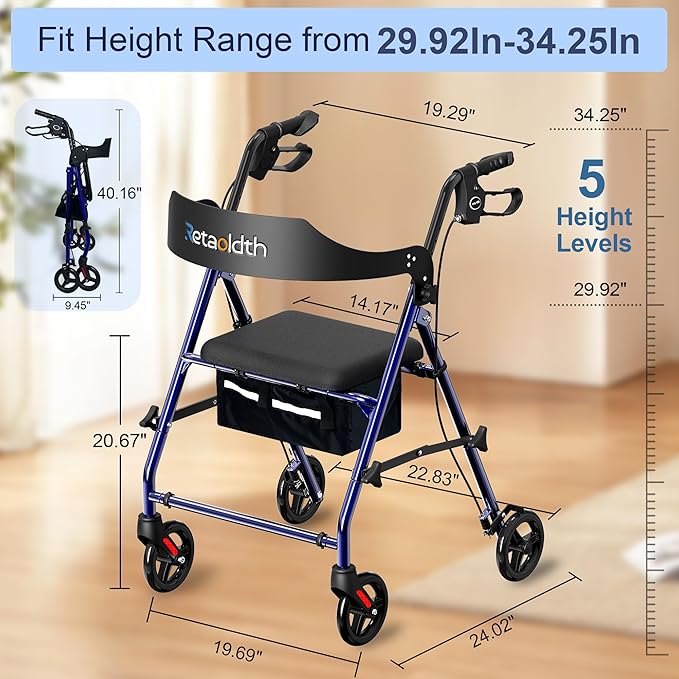 Foldable Rollator Walker with Seat for Seniors, All-Terrain Wheels, 350lb Capacity, Reinforced Inner Metal Rod for Easy Folding & One-Hand Carry, Lightweight Rolling Walker - Blue