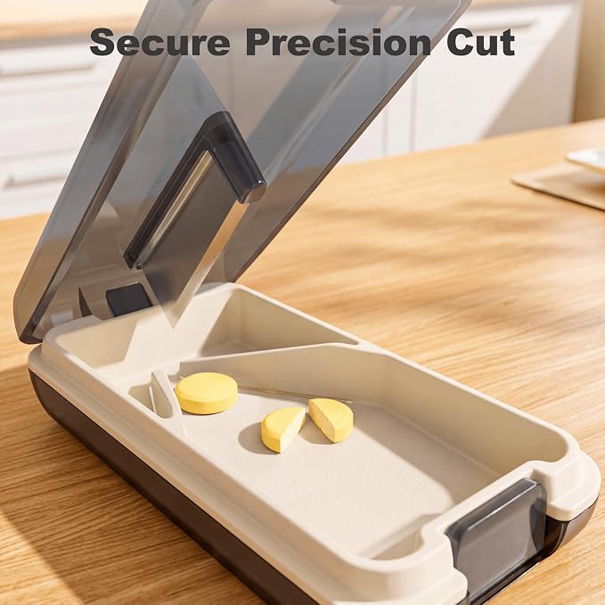 Fullicon Secure Precise Pill Cutter for Small Pills, Safe Tablet Slicer for Large Tiny Pills, Easy to Clean Coupe Pillule Portable Travel (Black)