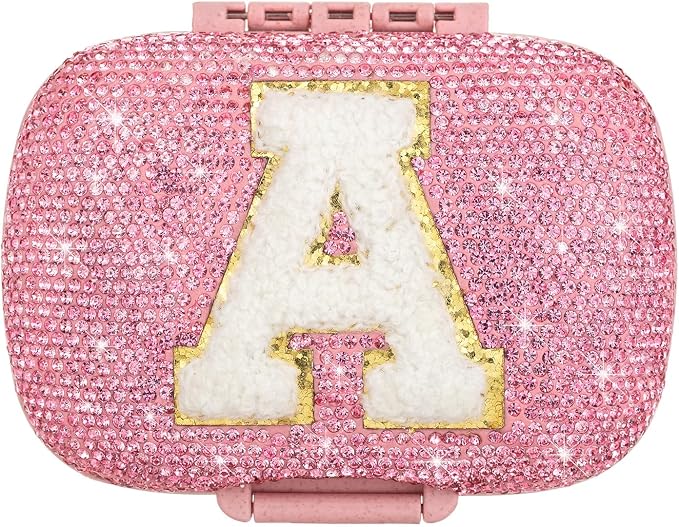 Cute Pill Organizer Small Bling Pill Case for Purse Medicine Vitamin Container Holder Daily Pill Box Container for Women Travel Medicine Kit(Letter A Pink)