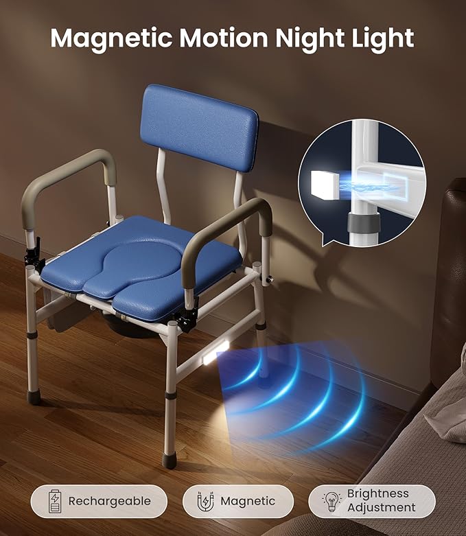 VOCIC Drop Arm Bedside Commode with Night Light, Extra Wide Adjustable, 400 lbs Padded Seat Portable Potty, 6.3QT Bucket, Heavy Duty Steel Commode Over Toilet Chair for Seniors, YR11