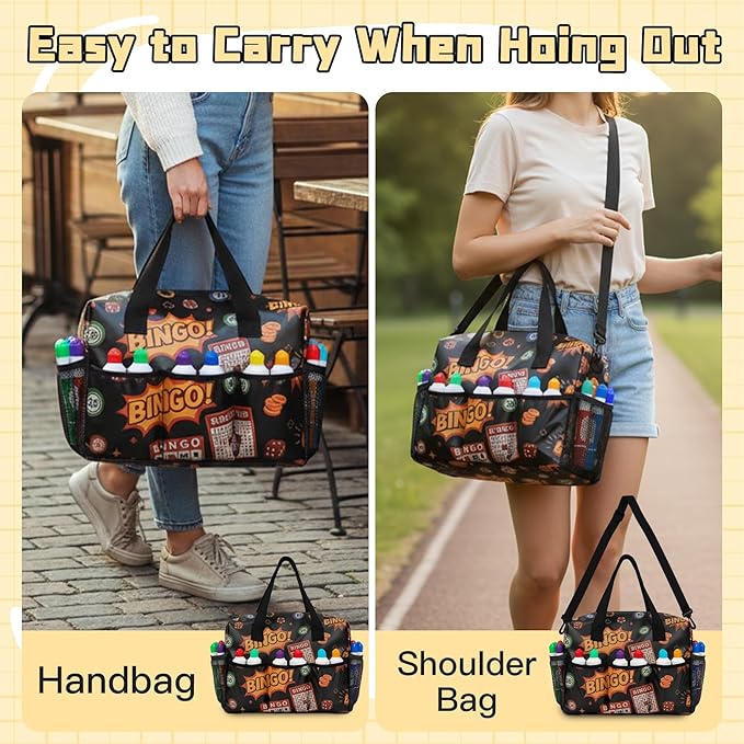 CVVD Bingo Bag with Pockets for Bingo Daubers Dabbers Dobbers Dotters Water Resistant Bingo Game Accessories for Adults and Seniors Portable Storage for Casino Bingo Supplies(black)