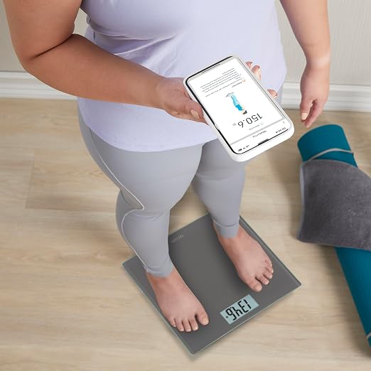 Taylor Smart Bathroom Scale with Precision Hub App, Digital Body Weight Scale, 400 lb Capacity, 8 User Profiles, Smart App Connectivity, Sync to 3rd Party Apps, BMI Tracking, Glass Platform, Charcoal