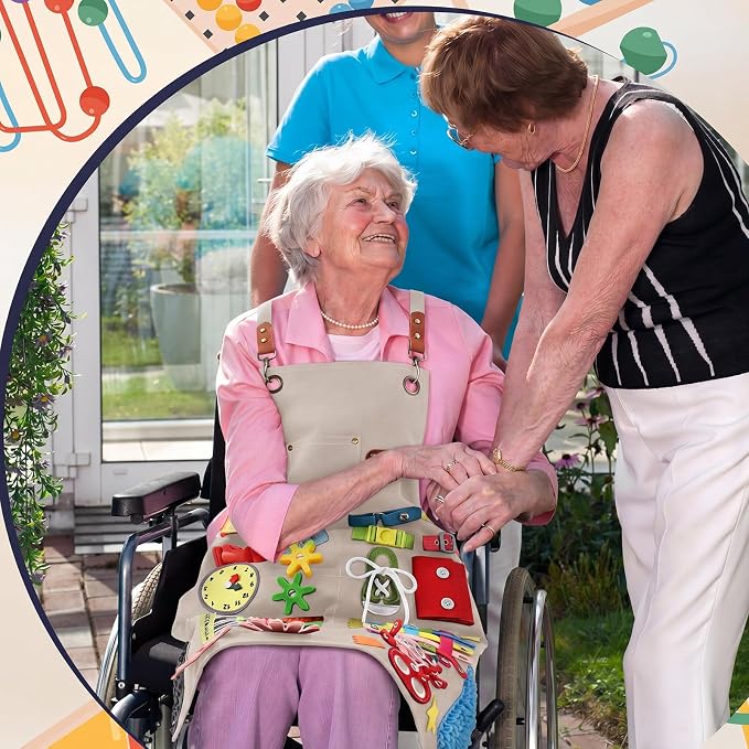 Shyyween Fidget Apron for Elderly Fidget Blanket for Dementia Alzheimer's Therapy Activity Apron Anxiety Relief Supplies (Beige)