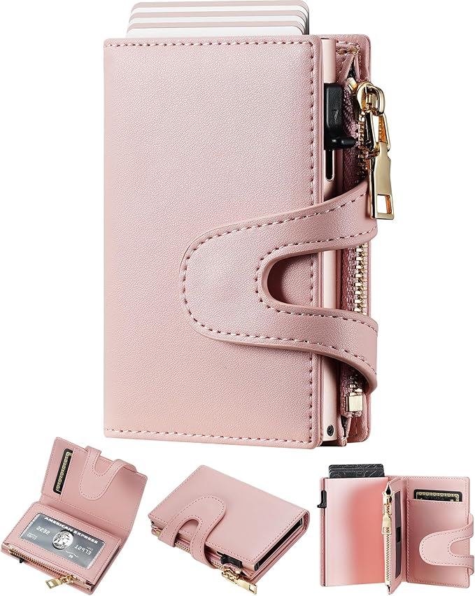 Small Card Wallet Women: Rfid Leather Smart Pop Up Wallets | Ladies Mini Card Holder Slim Minimalist with Zipper Coin Pocket ID Window - Gifts for Wife Mother on Anniversary Birthday