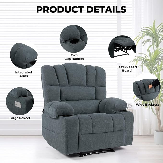 Massage Chair Recliner with Heat&Lazy Boy Recliner Chair for Adults,Manual Recliner Chair with Cup Holder,Oversized,Adjustable Backrest,Footrest,2 Pockets,Heavy Duty(Grey)