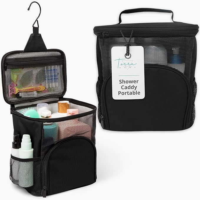 TERRA HOME Original Portable Shower Caddy For College Dorms - Foldable Mesh Tote - Dorm Room Essentials - Durable Hanging Travel Shower Bag - Perfect for College Students, Men, Women (Black)