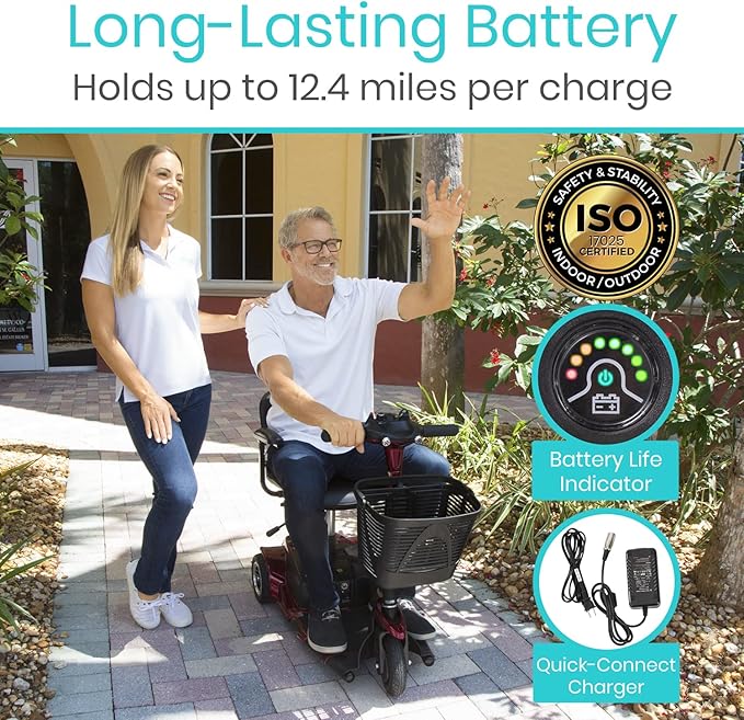Vive 3 Wheel Mobility Scooter - Electric Powered Mobile Wheelchair Device for Adults - Folding, Collapsible and Compact for Travel - Long Range Power Extended Battery with Charger and Basket Included