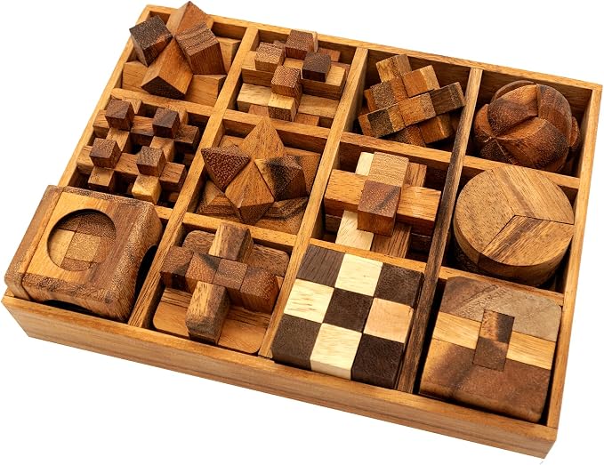 BSIRI 12 in 1 3D Wood Puzzle Box Set - Wooden Brain Teaser Puzzles for Adults Interlocking Toys Games for IQ and Mind Ideal for Patio Decor Desk Office and Unique Gift Hand Game (12 Games)