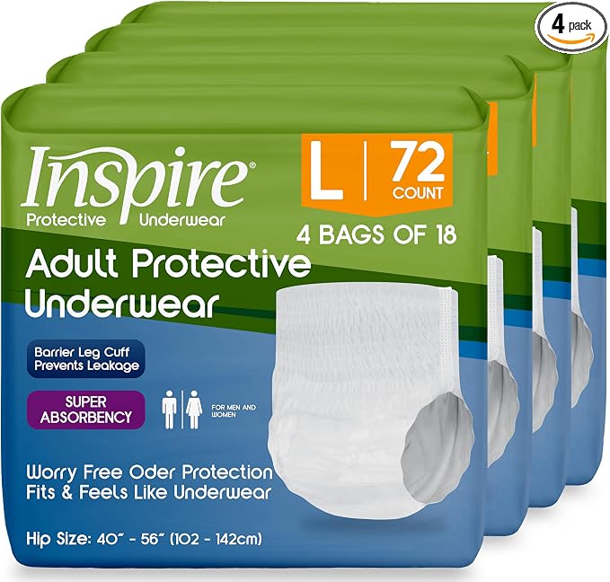 Inspire Protective Underwear for Men and Women | Adult Diapers for Bowel Incontinence | Disposable Underwear for Women and Men - 4 Bags of 18 | 72 Total (Large)