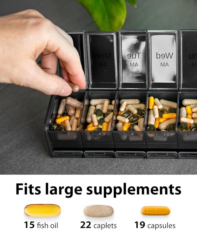 Extra Large Pill Organizer - XXL Vitamin Holder for Weekly Supplements - Double Sided Pill Box 7 Day with Big AM PM Compartments Huge Daily Medicine Dispenser 2 Times a Day Reliable and Easy-to-Use
