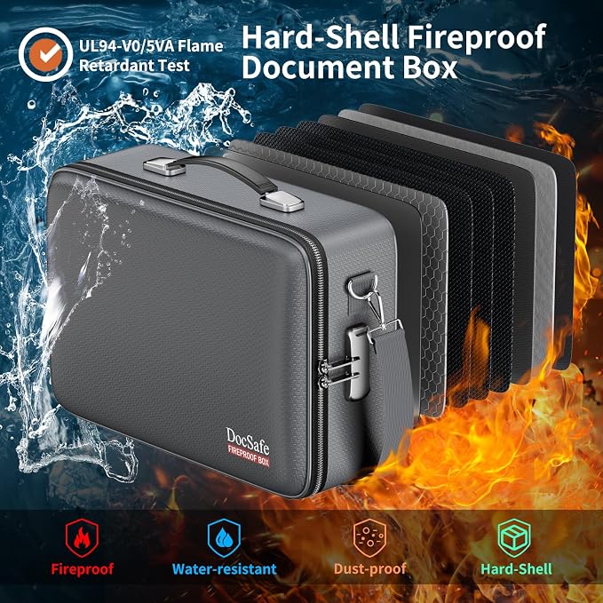 DocSafe Fireproof Document Box Hard Case with Lock ＆ Accordion File Folder | Fire and Water Resistant Safe Box,File Organizer,Multi-Pocket,Home Office Travel Storage for Important Document,Laptop,Gray