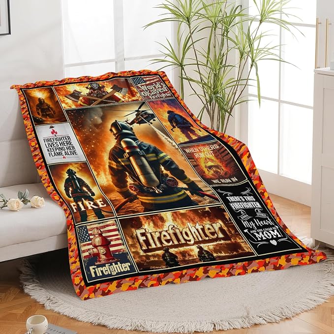 Yibuda Firefighter Blanket Fire Rescue Flannel Plush Throw Blanket Cozy Patriotic Hero Decor Fleece Stuff Blanket Gifts for Lover Girls Boys Kids Adults Women Bed Travel 50"x60"