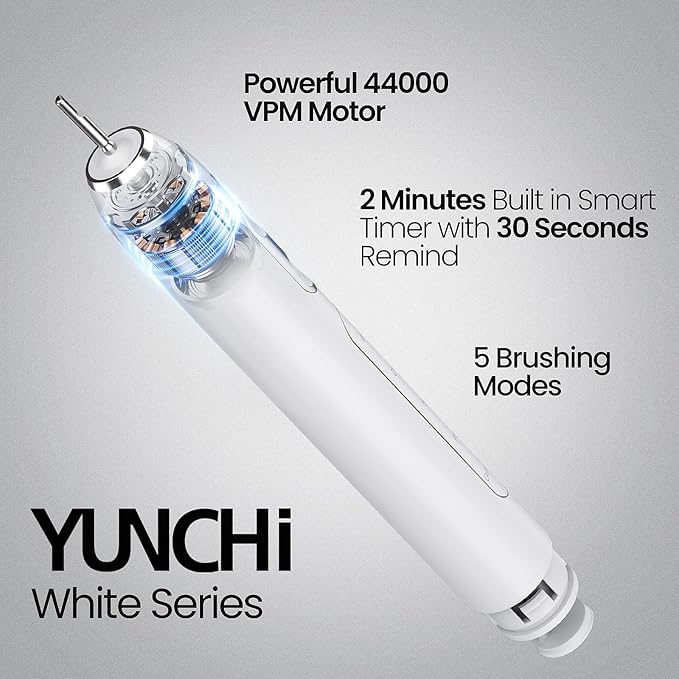 YUNCHI Electric Toothbrush Birthday/Valentine Plastic 8 Dupont Heads 24-Mo Deep Cleans Gentle Gums Removes Stains 3Hr USB-C 90d 2-Min Timer/30s IPX7 - White
