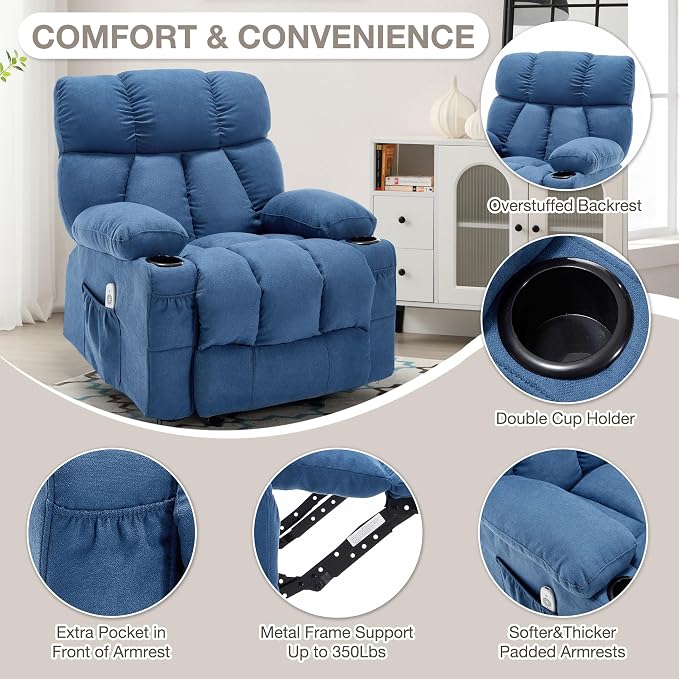 Massage Rocker Recliner Chair with Heat and Vibration Ergonomic Rocking Lounge Chair for Living Room Comfy Overstuffed Recliner with 4 Side Pockets, 2 Cup Holders, Blue