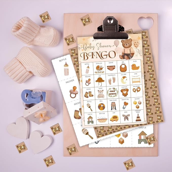 Baby Shower Bingo Game Cards Set for Guests Adults, Brown Bear Woodland Baby Shower Party Bingo Game Gender Reveal Bingo Game for Family Friends Large Group Activity, Favors Supplies Decorations