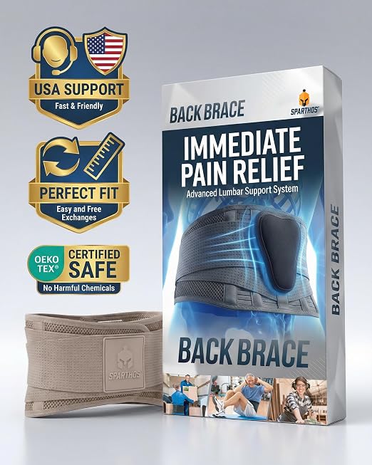 Sparthos Back Brace for Lower Back Pain - Immediate Relief from Sciatica, Herniated Disc - Lumbar Support Pad - For Home & Lifting At Work - For Men & Women - Fits 44–52″ Waist (Taupe-L, Check Sizing)