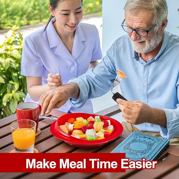 2 Sets Adaptive Utensils Bowl and Plate Set Adaptive Self Feeding Dinnerware with Suction Base Non Slip Bendable Cutlery for Elderly Disabled Hand Tremors Arthritis Parkinson(Red)