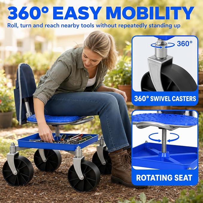 Rolling Garden Seat with Wheels, Adjustable Garden Scooter Stool with Backrest,Garden Cart with Tool Storage Tray & Backpack, Gardening Work Seat for Weeding, Planting, Yard Work (with Wrench)