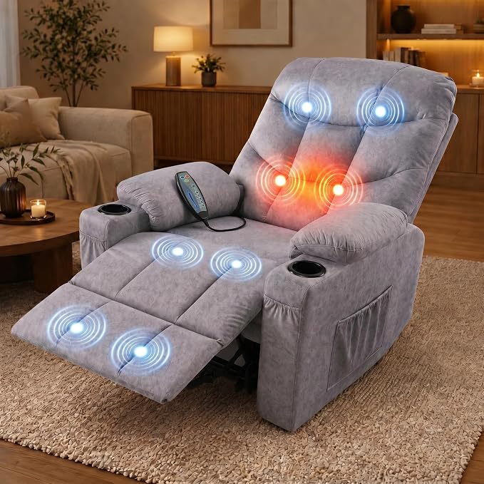 Electric Power Lift Recliner Chair for Elderly, Lift Recliner Chair with Massage and Lumbar Heat, 150° Reclining Chair with Cup Holders, Side Pockets and Remote Control, Ideal for Living Room (Grey)