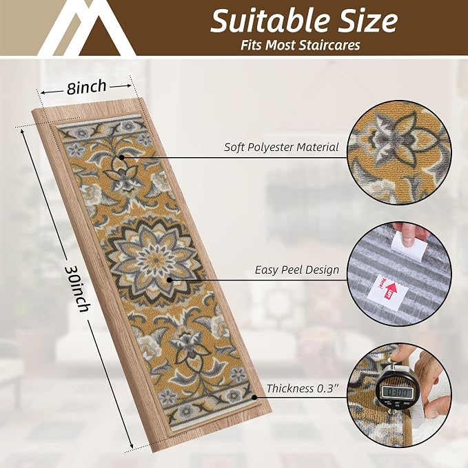 COSY HOMEER Stair Treads for Wooden Steps Non Slip Washable 8" X 30" 15pcs | Self Adhesive,Peel and Stick,Soft Carpet Stair Treads for Kids,Elder,Pet,Residue Free,Reusable Stair Runner,Multi-Surface Use