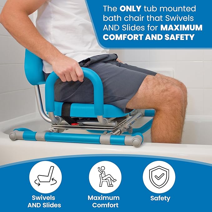 Platinum Health HydroSlide Sliding Shower Chair Swivel Seat for Bathtub, Soft, Padded with industry-exclusive, patented Gap-Bridge safety feature. Padded Armrests. Ideal for Elderly and Seniors (Blue)