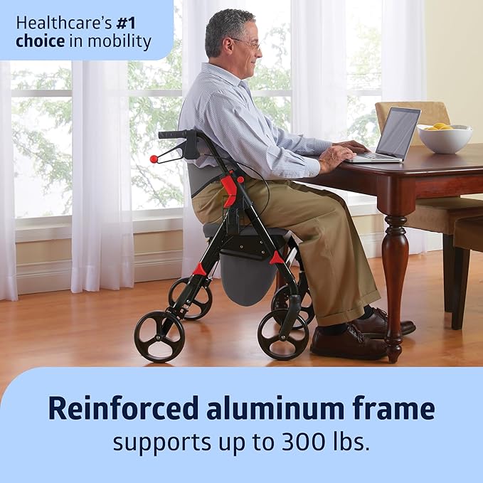Medline Premium Empower Rollator Walker with Memory Foam Seat, Gray & Black, 300 lb. Weight Capacity, 8” Wheels, Microban* Technology, Cupholder, Rolling Walker for Mobility Impairment