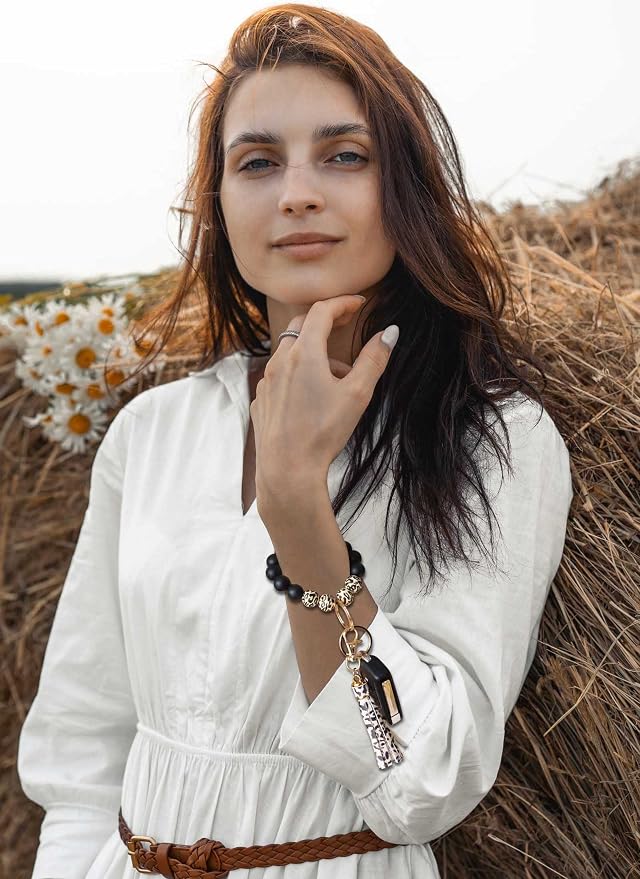 BAOSIWA Silicone Beaded Bracelet Keychain Wristlet Key Ring Bangle Chains for Women with Leather Tassel