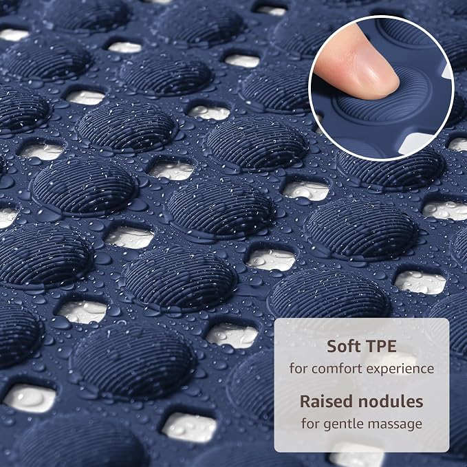 OTHWAY Bath Tub Shower Mat Non Slip, Bathtub Floor Liner Mats for Inside Shower Bathroom, Suction Cups and Drain Holes for Feet Scrubbing, Machine Washable, Soft on Feet, 35x16 Inch, Navy Blue