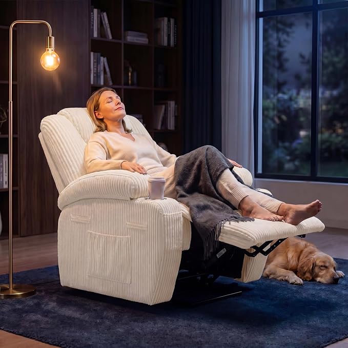 Flamaker Power Lift Chair Massage Recliner Chairs for Elderly | Ergonomic Lift Recliner Design with Cup Holders & Side Pockets, Remote Control (Corduroy, White)