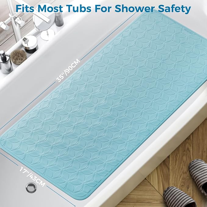 Bathtub Mat Non Slip with Suction Cups - 100% Rubber Bathroom Mat Textured for Bath Tub Shower Safety - Soft on Touch - BPA/PVC Free - Pet Dog Bath Mat - Machine Washable - 17 × 35 Inch（Blue）