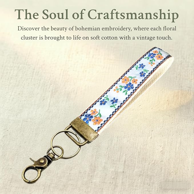 Boho Vintage Embroidered Floral plant Wristlet Keychain for Women | Cute Lanyard&Antique Brass Clasp, Lightweight Hands-Free Key Holder for keys,purses,handbags and daily outdoor use for ladies